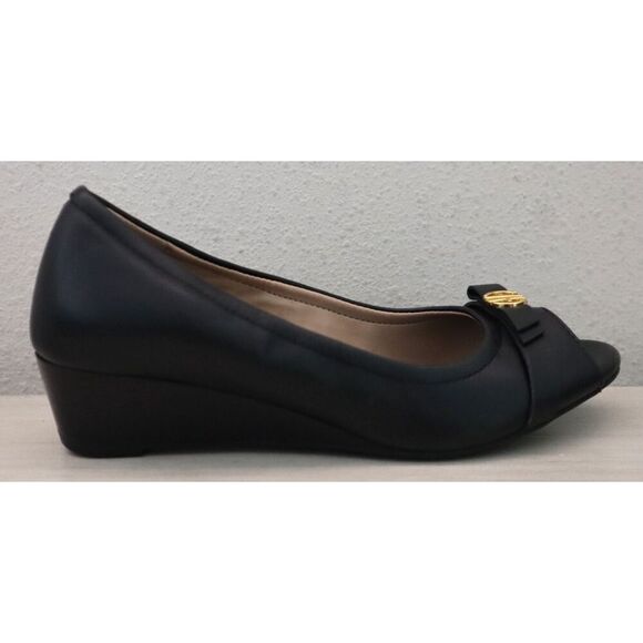 Cole Haan W31648 Women's Sz 5.5B Black Leather Malta Peep Toe Wedges - Picture 5 of 11